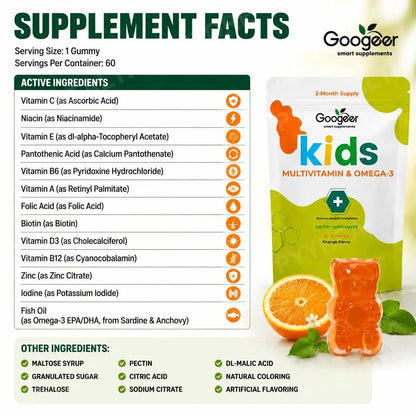 Googeer Kids Multivitamin & Omega-3 Gummies, Vitamin C D3 B6 B12 Zinc Fish Oil, Orange Flavor, 60 Count, Daily Nutrition Support