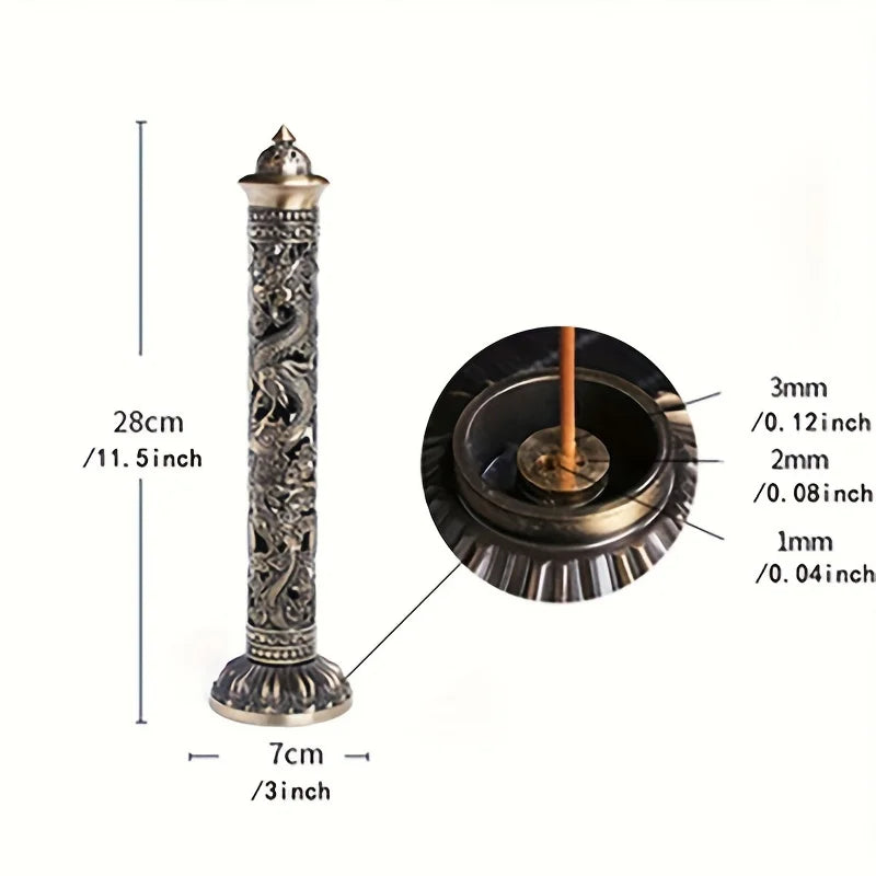 Retro Vertical Incense Burner Buddha Heart Sutra Dragon Phoenix Pillar Metal Incense Stick Home Office