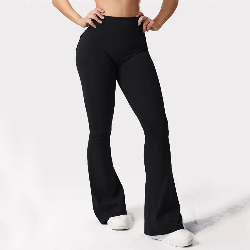 Women's Yoga Flare Trousers, High-Waisted Tummy-Control Wide-Leg  Outdoor Casual Leggings with Pockets, Gym Workout