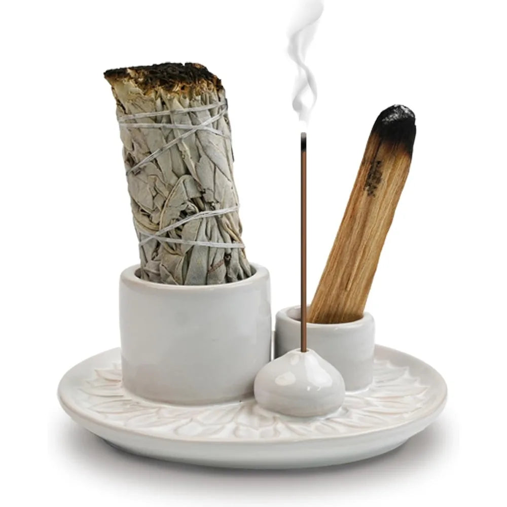 4 in 1 Incense Burner Holder,Sage Holder for Burning,Palo Santo Holder,Candle Holder,Ceramic Incense Burner Ash Catcher Tray for