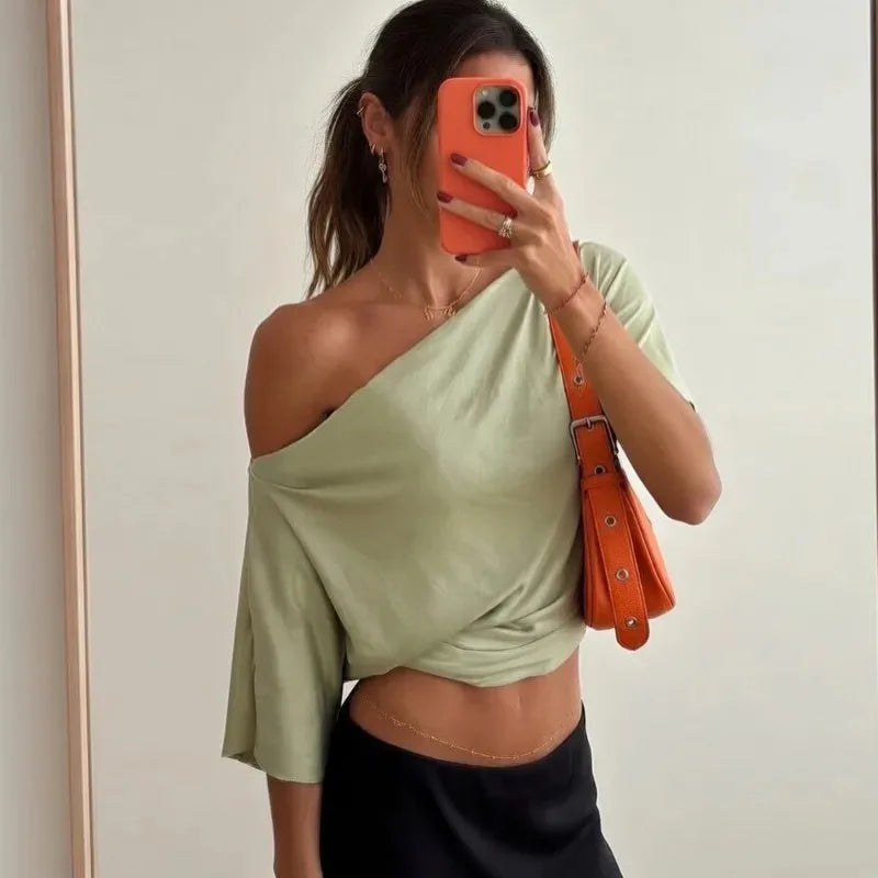 Talenza Summer One Shoulder Tops Fashion Slim Shrink Short Sleeve T-Shirts .