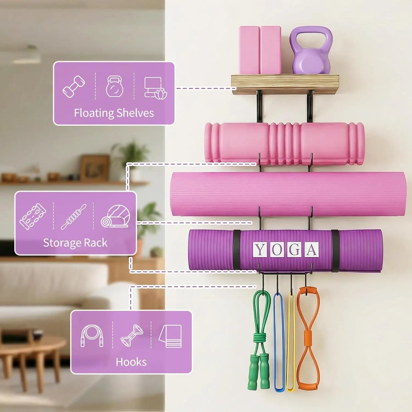 Wall Mount Yoga Mat Holder with Wood Shelves and 4 Hooks for Home Gym Storage in Carbonized Black