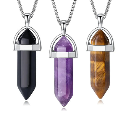 3pcs/set Crystal Necklace Healing Amethyst Black Obsidian Hexagonal Gemstone Pendant Necklace Spiritual Natural Reiki Quartz Tig