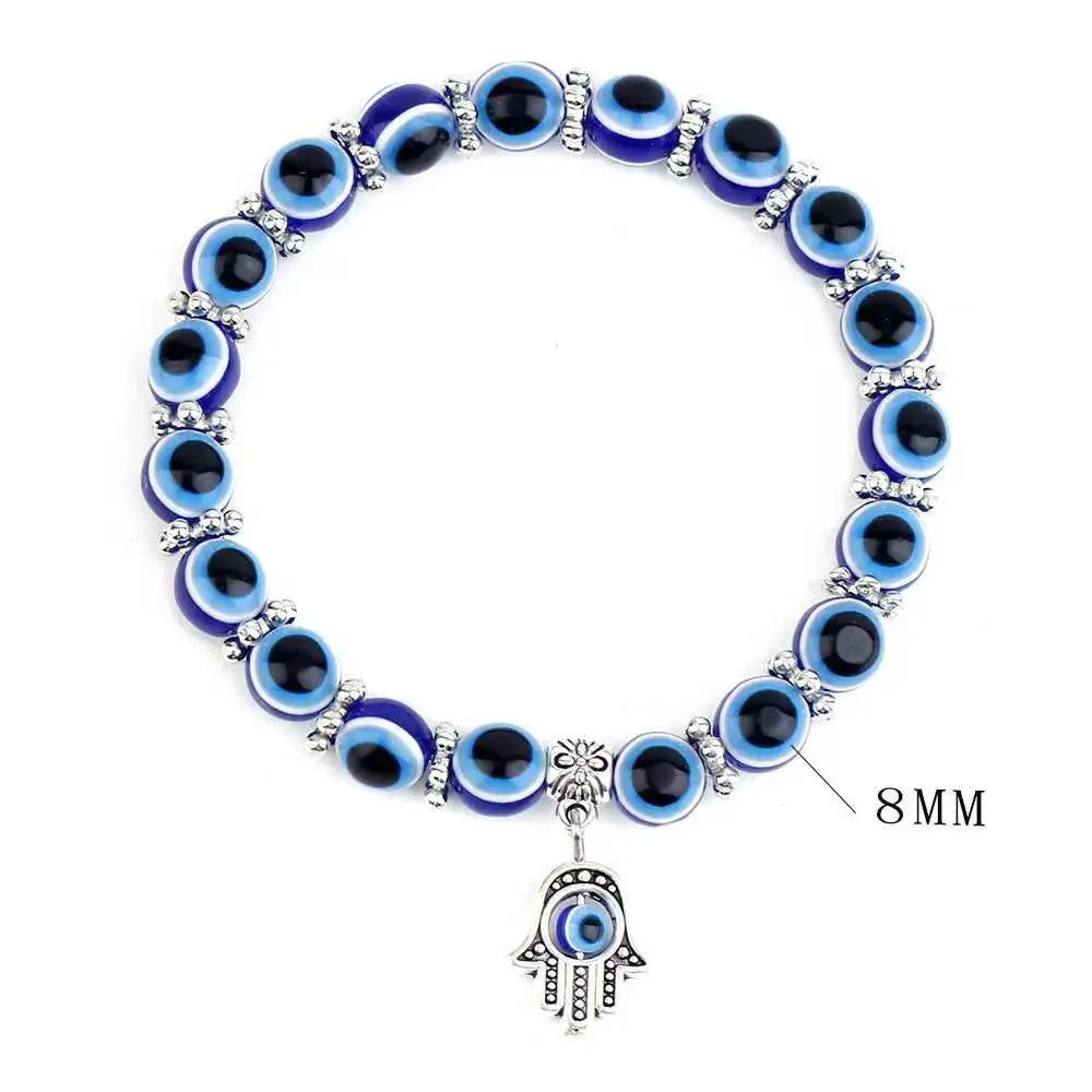 Boho Evil Eye Beaded Bracelet with Hamsa Hand Pendant - 8mm Blue Glass Beads, Stretchable Protection Bracelet for Daily Wear