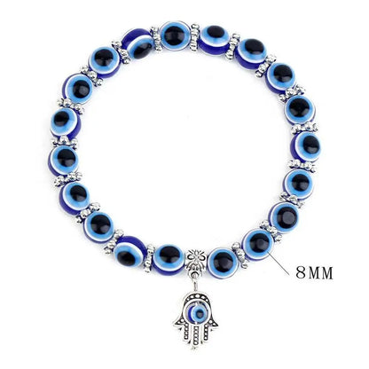 Boho Evil Eye Beaded Bracelet with Hamsa Hand Pendant - 8mm Blue Glass Beads, Stretchable Protection Bracelet for Daily Wear