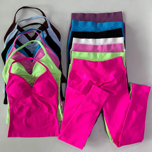 Seamless Gym Set Women Tank Tops High Waist Scrunch Yoga Leggings Fitness Clothes