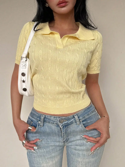 Women's Casual Short Sleeve Polo Collar Cable Knit Top Solid Green Summer