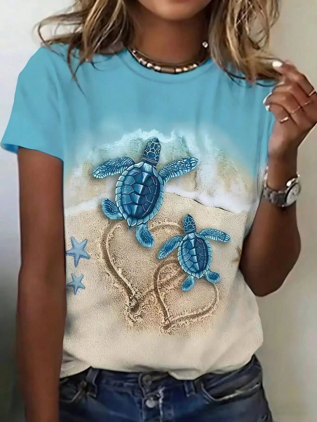 Women's Round Neck Short Sleeve Sea Turtle Print Casual Tee Spring Summer