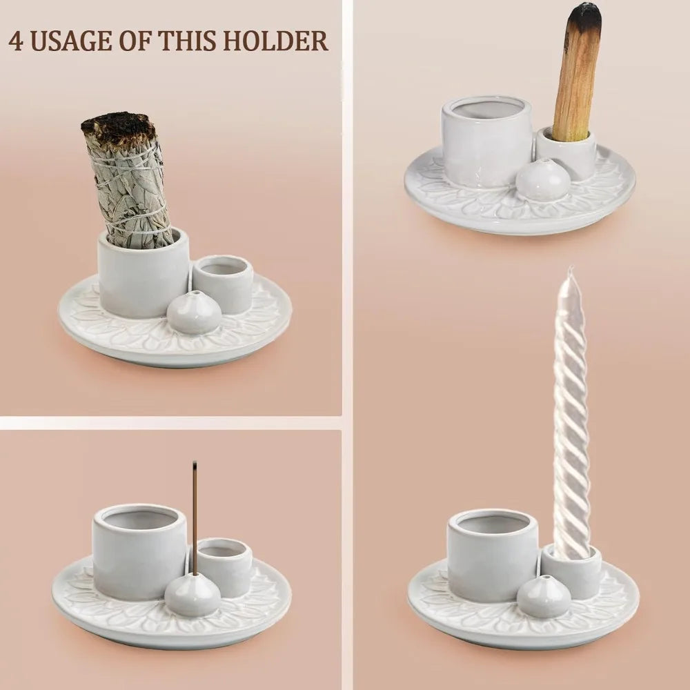 4 in 1 Incense Burner Holder,Sage Holder for Burning,Palo Santo Holder,Candle Holder,Ceramic Incense Burner Ash Catcher Tray for