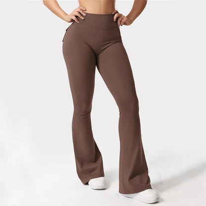 Women's Yoga Flare Trousers, High-Waisted Tummy-Control Wide-Leg  Outdoor Casual Leggings with Pockets, Gym Workout