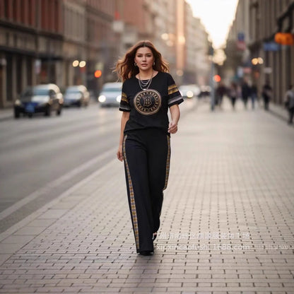 Plus Size Plus Size Women's Fashionable Summer Yoga Sportswear Short Sleeve Diamond Patchwork Street Style Long Pants Cotton ...