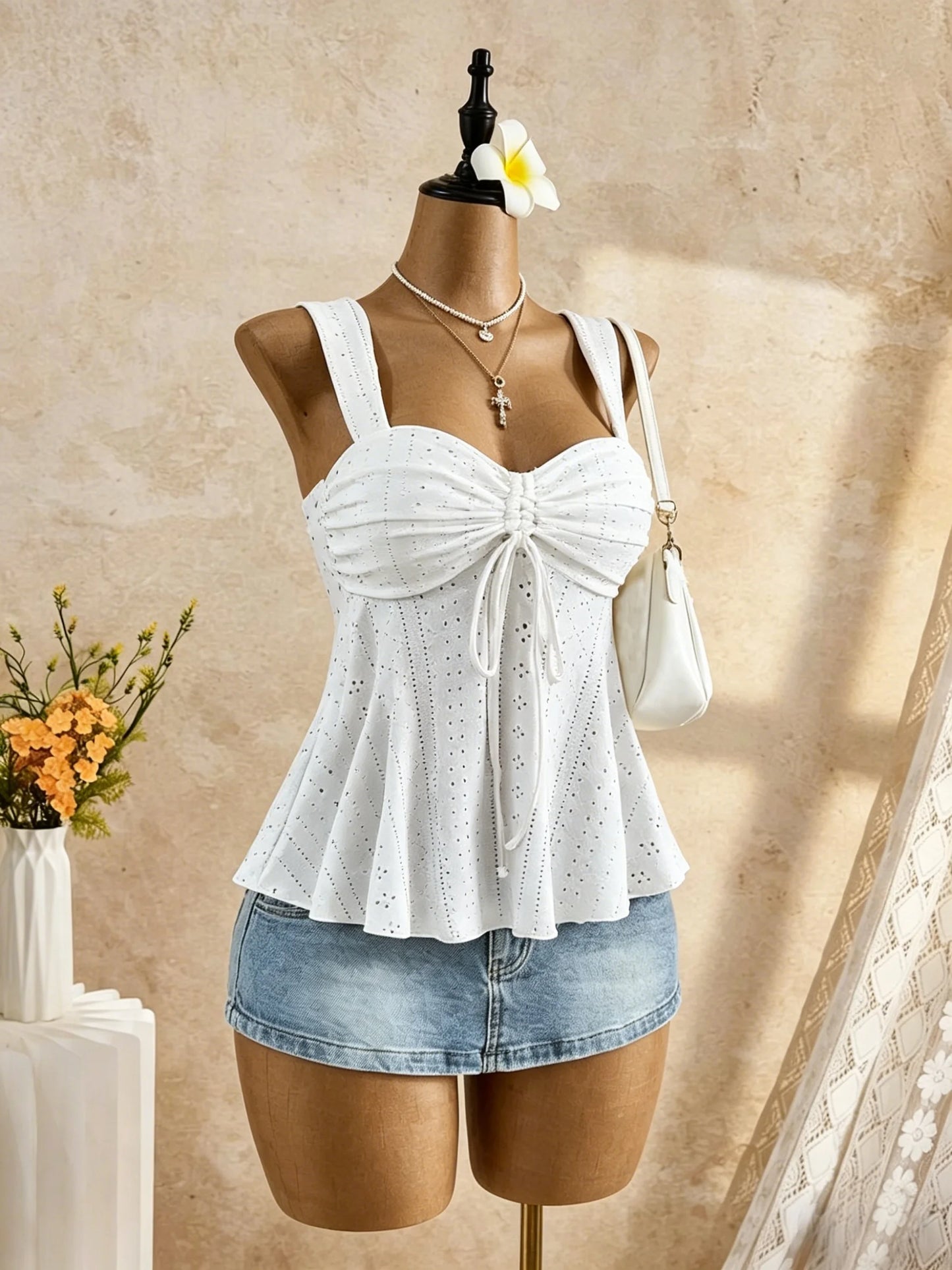 Women White Eyelet Lace Cami Top Casual Ruched Tie Front Peplum Camisole Top