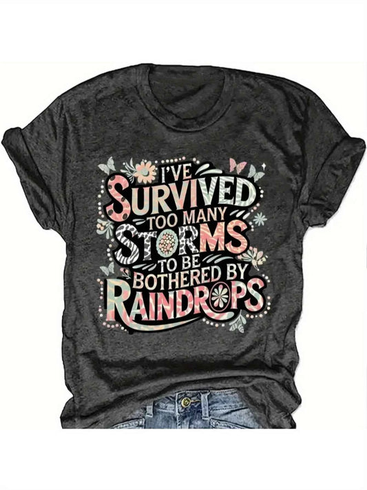 Survived Too Many Storms Women's Tee, Floral Butterfly Graphic Dark Grey Top