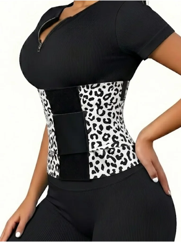 Women's Leopard Print Waist Trainer Double Belt Adjustable Closure High Compression Tummy Control Waistband Slimming Shaper
