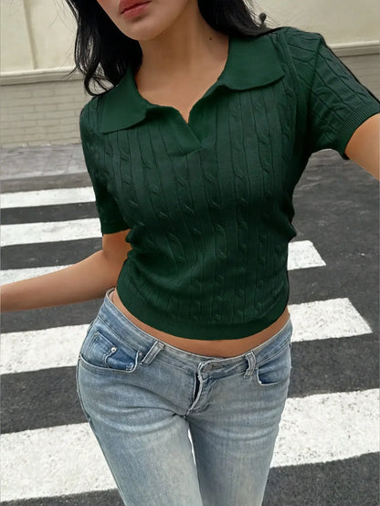 Women's Casual Short Sleeve Polo Collar Cable Knit Top Solid Green Summer
