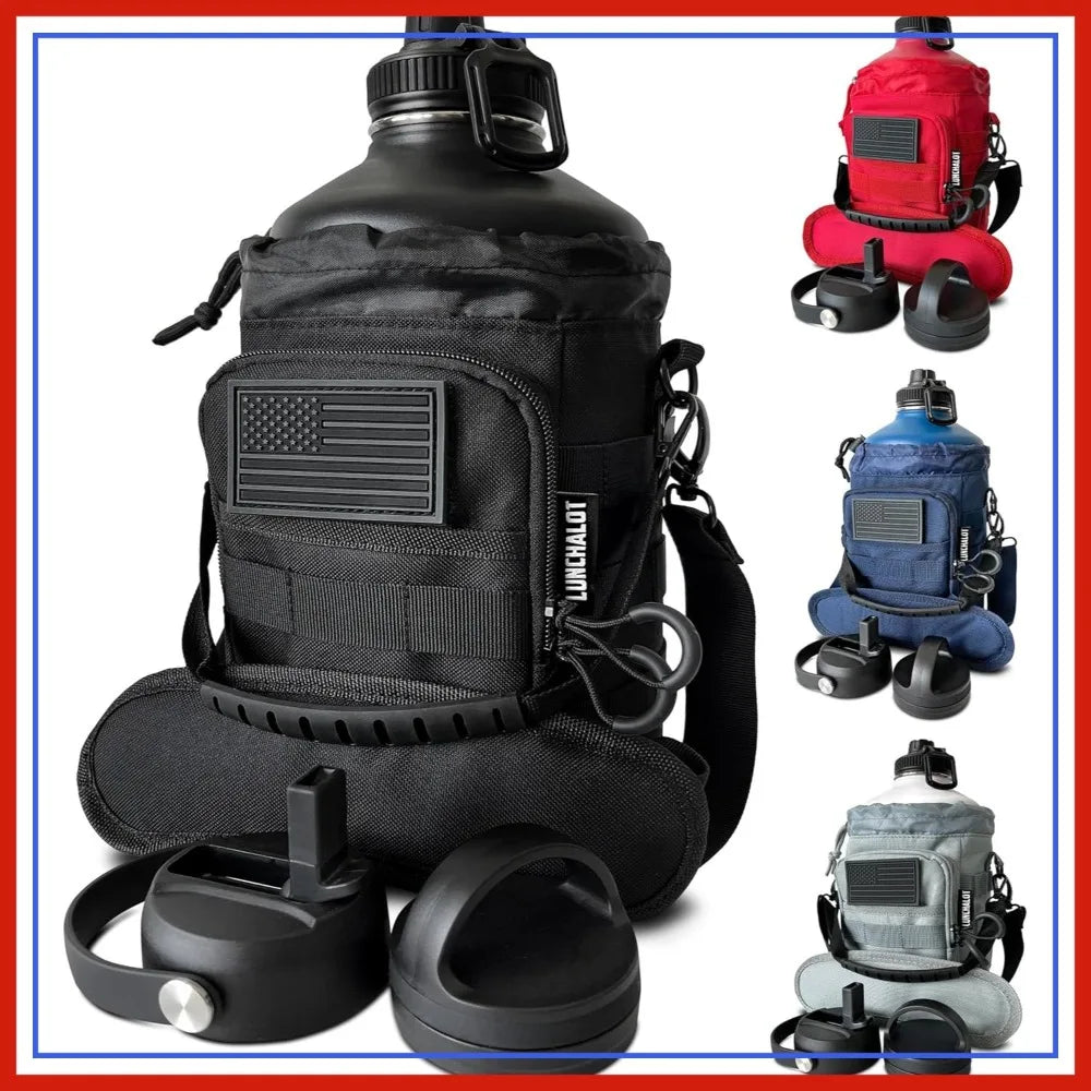 128 oz Water Bottle 1 Gallon Stainless Steel Insulated Jug with Carrier Bag, 3 Lids, Keeps Cold 24h Hot 12h, Black