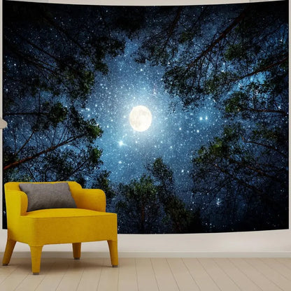 Large Galaxy Forest Tapestry for Bedroom Ceiling, Big Space Night Starry Sky Blue Tapestry Aesthetic.