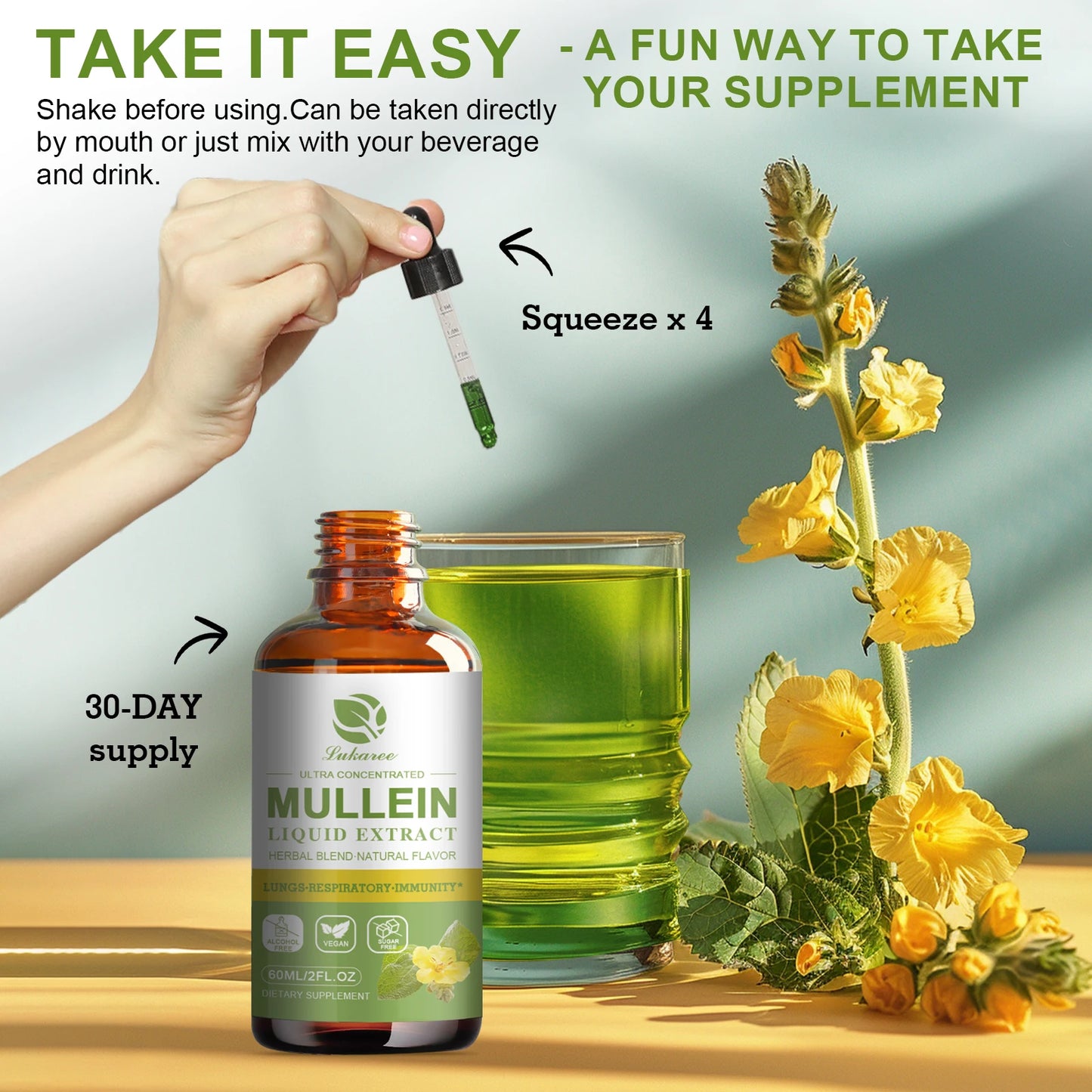Mullein Drops Suitable For Lung, detoxification And Cleansing, Vegetarian Mullein Leaf Extract For Respiration, Immunity