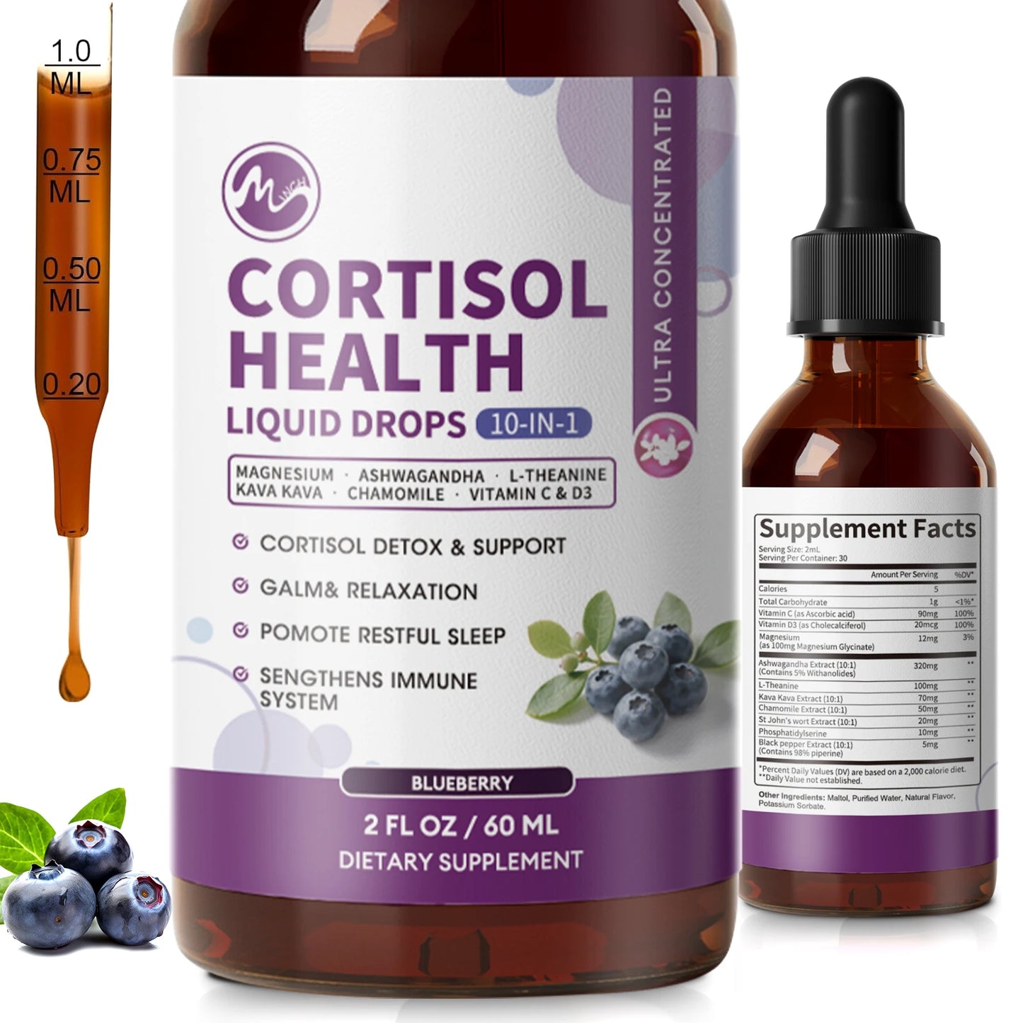 MINCH Cortisol Supplement Liquid Drops, 10-in-1 Cortisol Detox Hormone Balanced for Women, Mood Focus, Sleep Support