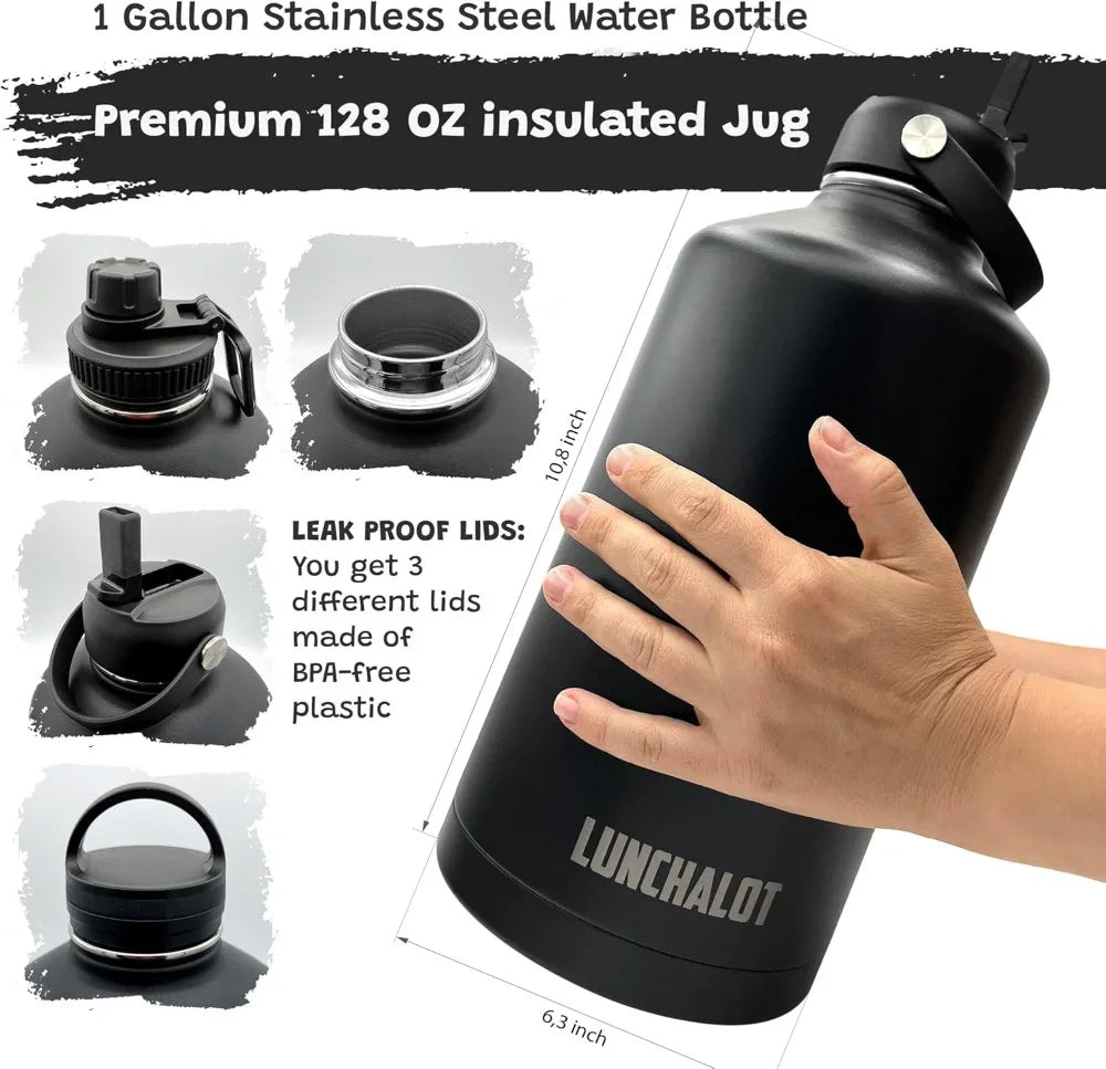 128 oz Water Bottle 1 Gallon Stainless Steel Insulated Jug with Carrier Bag, 3 Lids, Keeps Cold 24h Hot 12h, Black