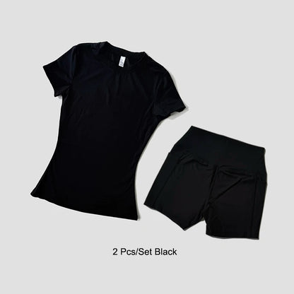 Women's Sports Yoga Set Seamless Knitted Fitness Gym Clothes Sportswear Short Sleeve Crop Top Tracksuits Gym Short Leggings