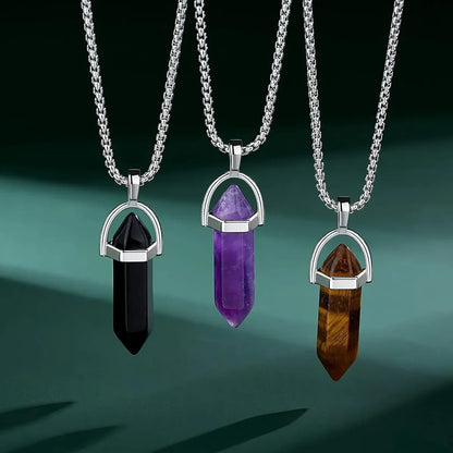 3pcs/set Crystal Necklace Healing Amethyst Black Obsidian Hexagonal Gemstone Pendant Necklace Spiritual Natural Reiki Quartz Tig