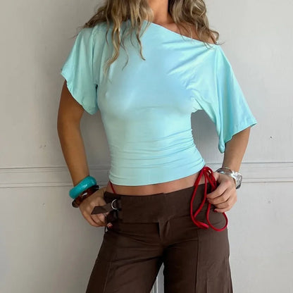Talenza Summer One Shoulder Tops Fashion Slim Shrink Short Sleeve T-Shirts .
