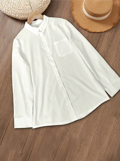 Women's Cotton-Linen Shirt — Casual, Everyday, Solid Color Basic Style — Long Sleeve, Collared, Button-Down Top (White) — Spring