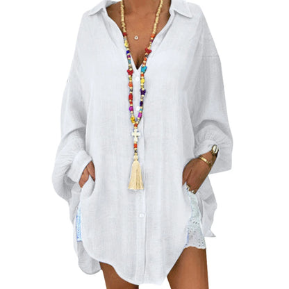 Women'S Solid Color Cotton Linen Button Up Long Sleeve Loose Casual Shirt Blouse Top Cardigan Outfits