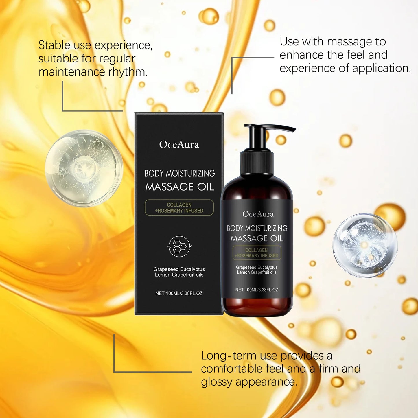 100ml Collagen Lifting Body Oil Rosemary Fragrance Non-Greasy Firming Massage Oil for Glowing Skin Arms Legs Back Buttocks