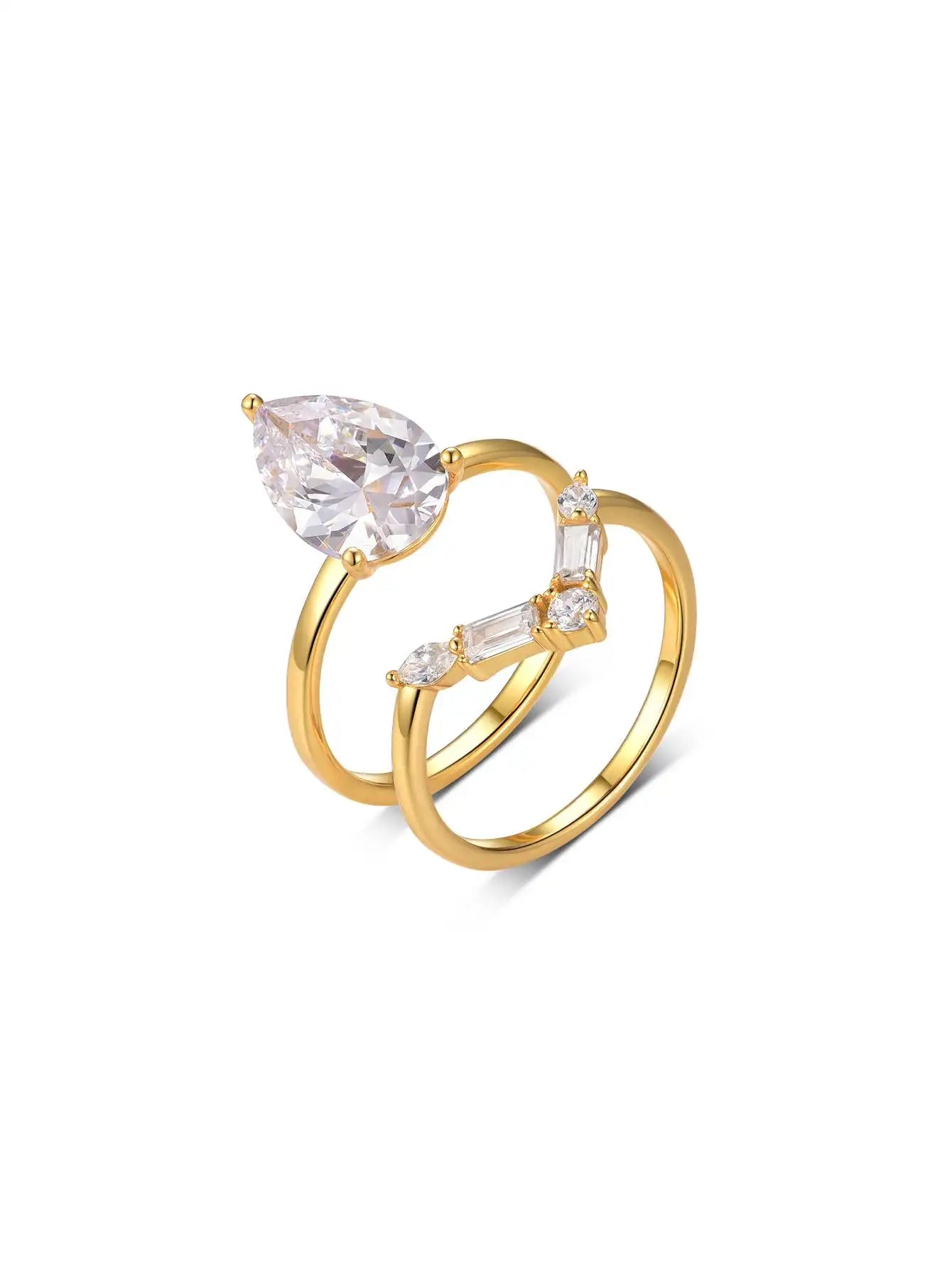 2PC S925 Sterling Silver Water Drop 4CT Moissanite Ring Set Fine Jewelry Gold Plated 18k