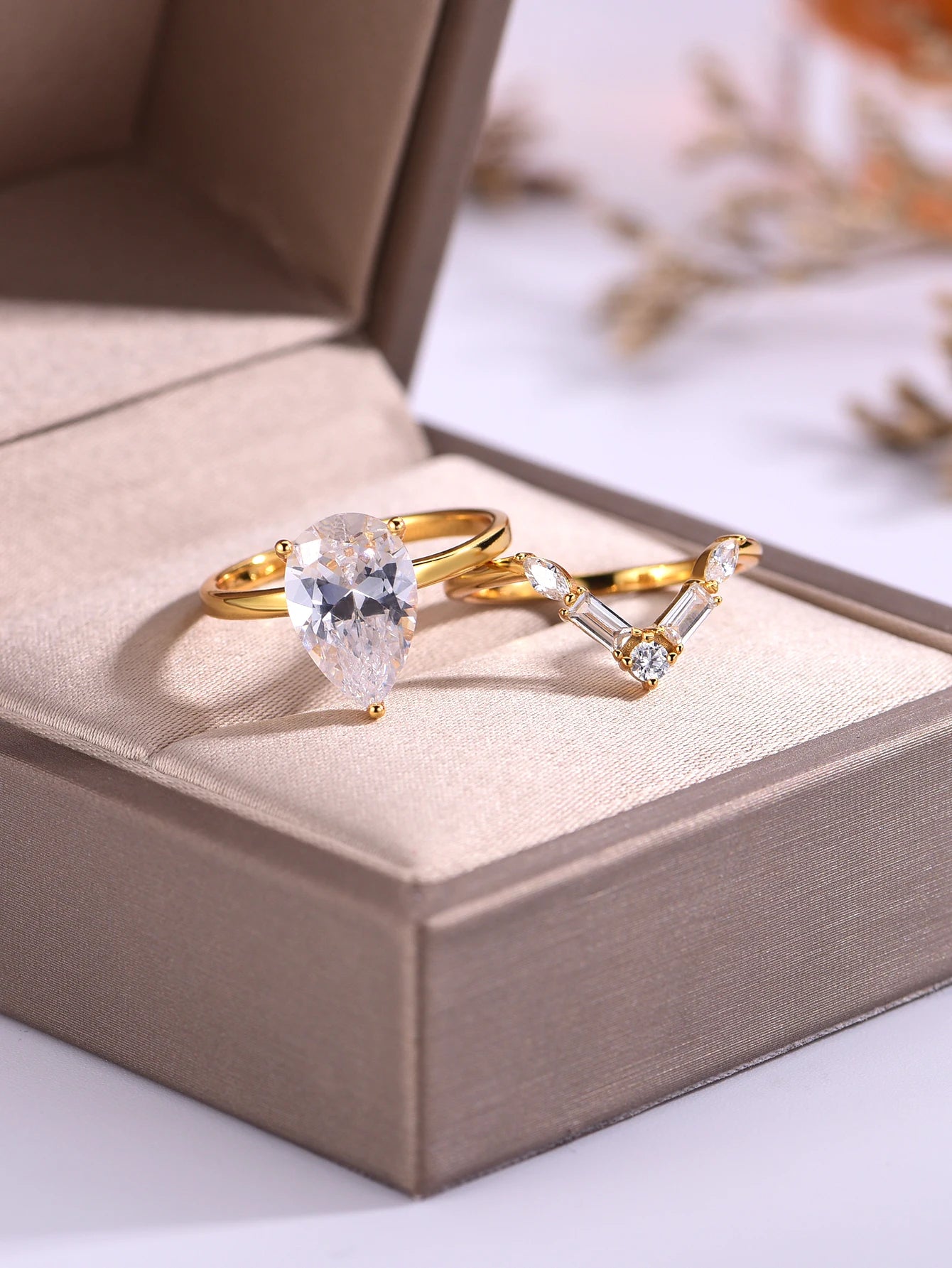 2PC S925 Sterling Silver Water Drop 4CT Moissanite Ring Set Fine Jewelry Gold Plated 18k