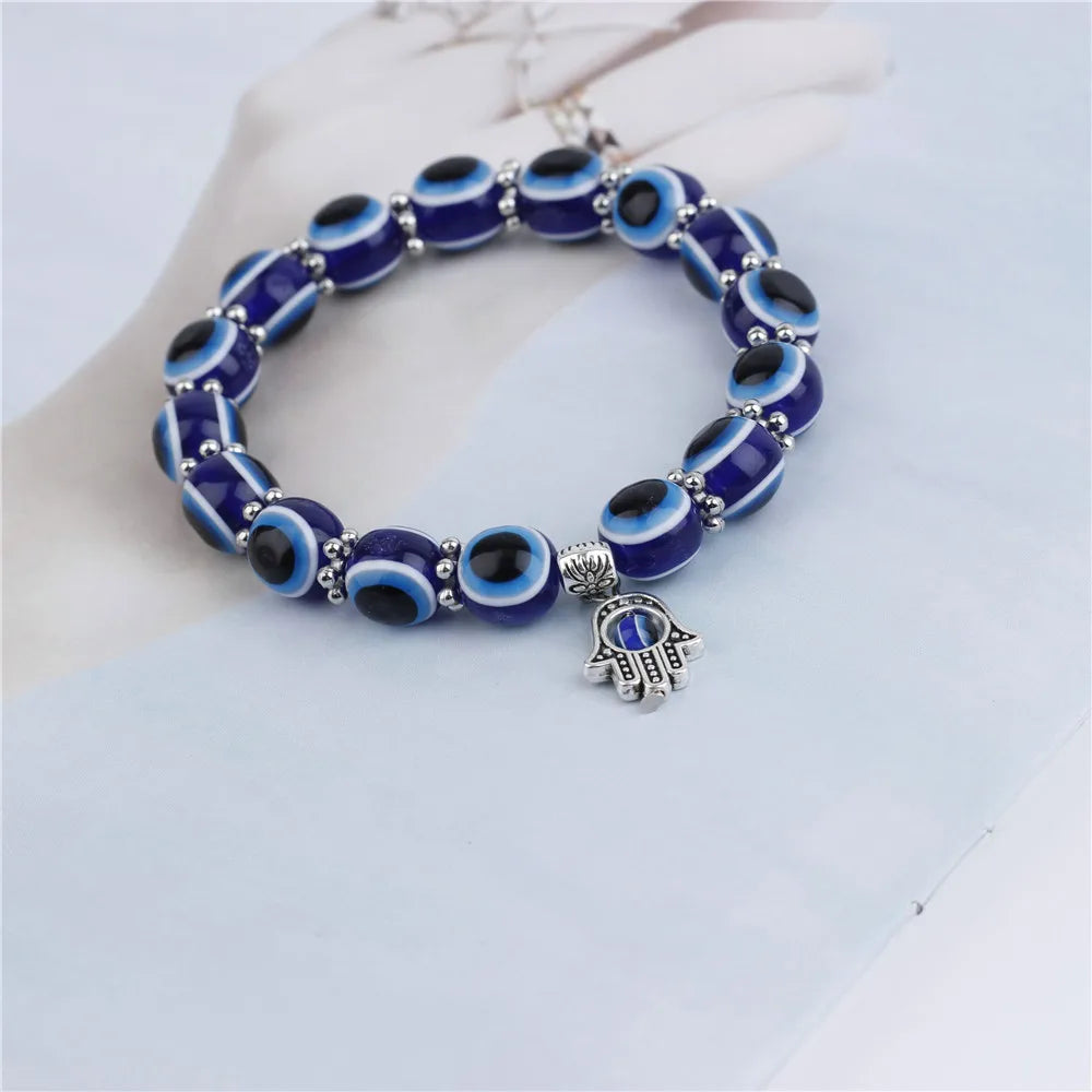 Boho Evil Eye Beaded Bracelet with Hamsa Hand Pendant - 8mm Blue Glass Beads, Stretchable Protection Bracelet for Daily Wear