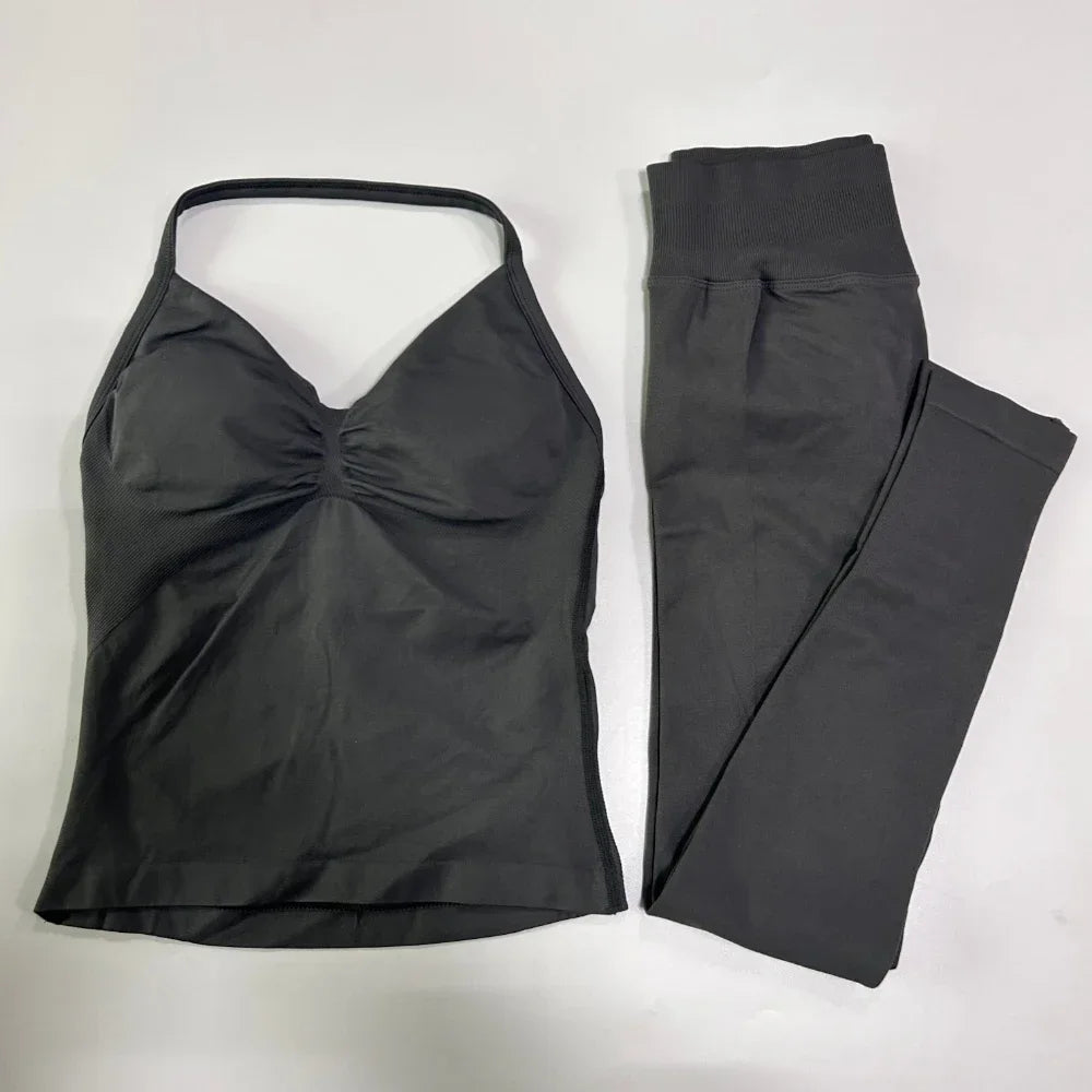 Seamless Gym Set Women Tank Tops High Waist Scrunch Yoga Leggings Fitness Clothes